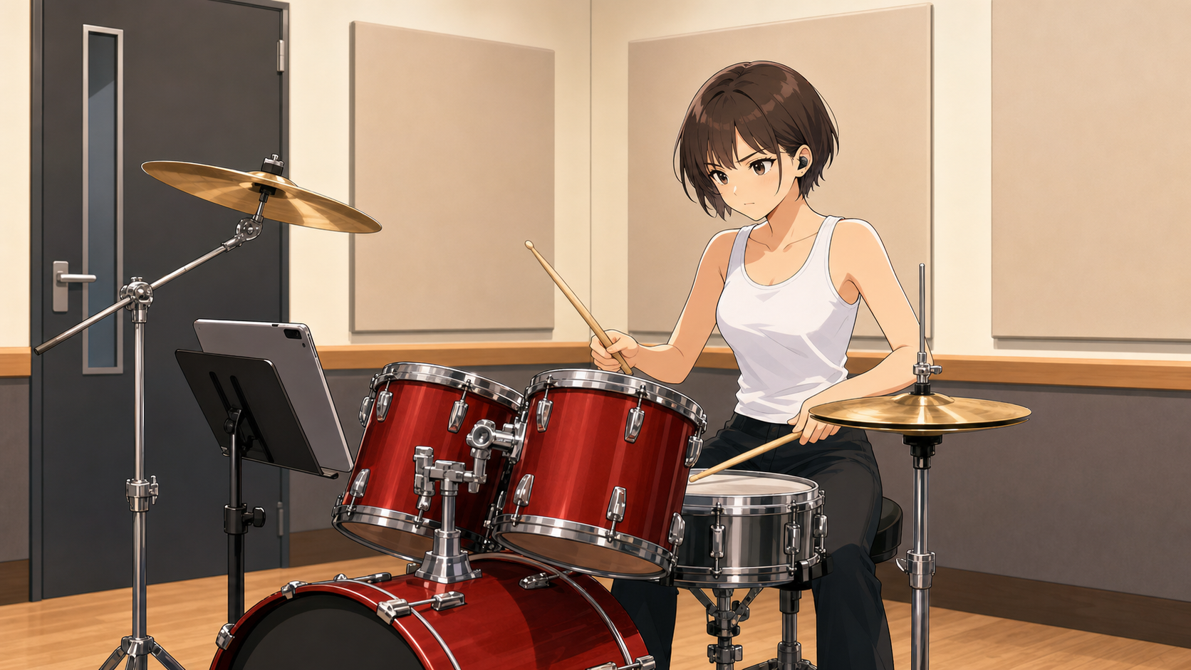 リハーサルスタジオで、花子がひとりで真剣にドラムを練習している挿絵