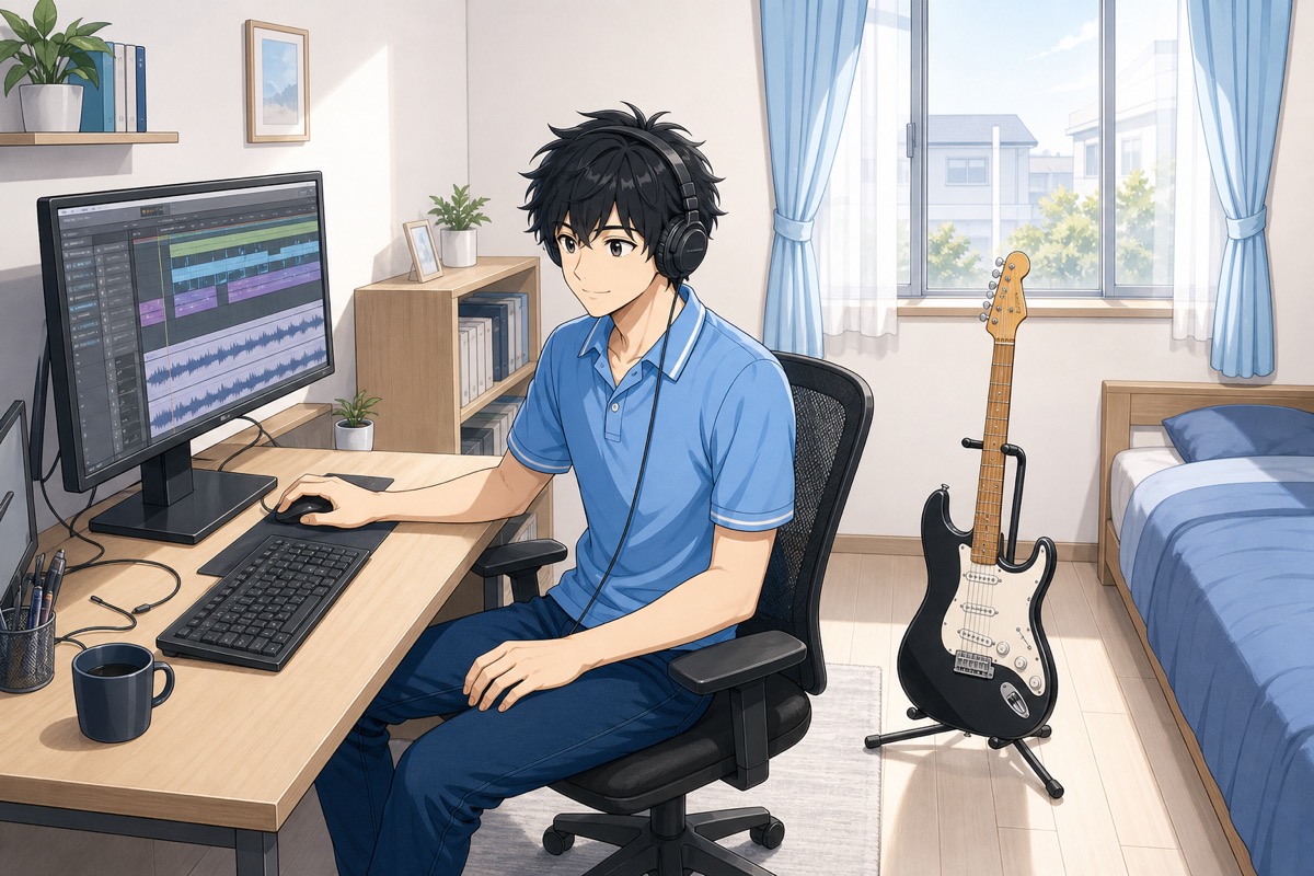 太郎が白っぽい自室でヘッドフォンを着け、DAW 風の画面を見ながらライブの準備をしている挿絵
